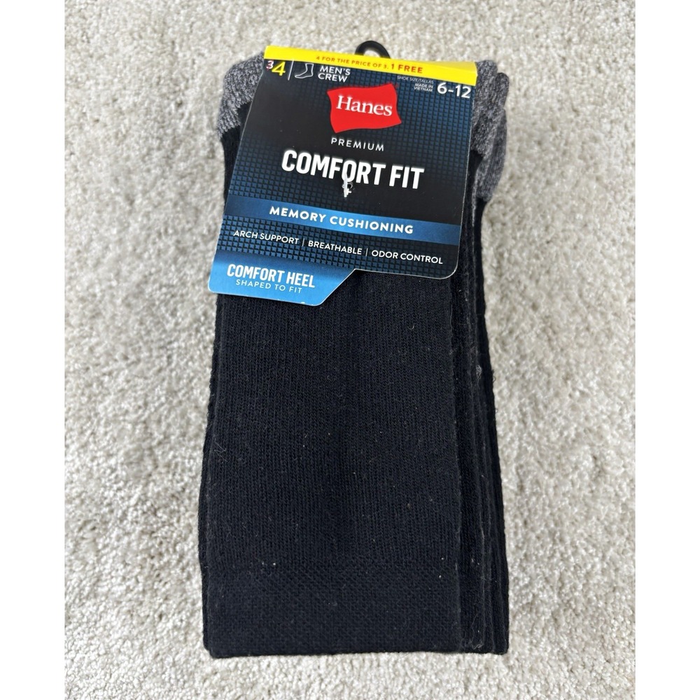 Hanes Men's Crew Socks 4 Pairs Black/Gray 6-12 Cushioned Arch Odor Control